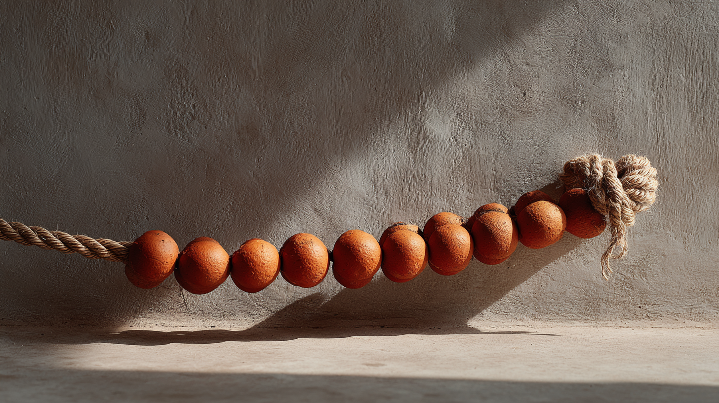 Terracotta kralen, opgestuwd tegen een knoop in het koord.